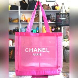 CHANEL PINK MESH BEAUTY TOTE BAG BEACH PURSE MAKEUP TRAVEL SHOULDER CC LOGO